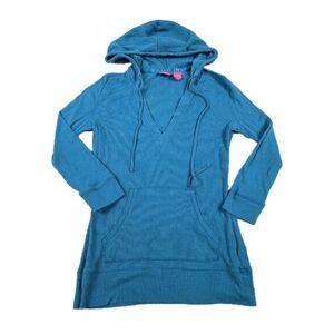 Vintage Y2K Hoodie Top Sz M Teal Lightweight Ribbed Knit Grunge Layering